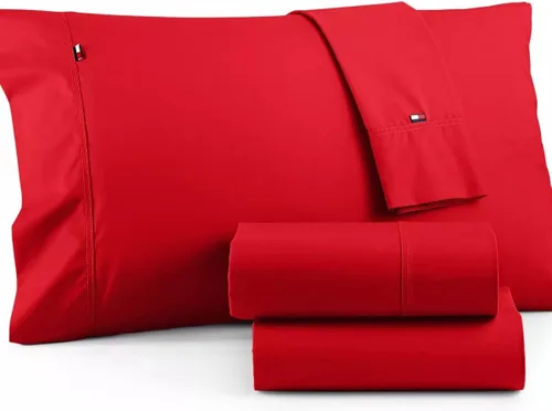 Vista 4 de Tommy Hilfiger Signature Solid Sheeting - Juego de 4 sábanas de 200 hilos, 1 sábana encimera, 1 sábana bajera y 2 fundas de almohada, tamaño Gris