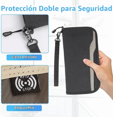 Vista 4 de Cartera de pasaporte familiar ZOPPEN RFID, porta pasaporte para mujeres/hombres, cartera de viaje con organizador de documentos y cierre, con correa
