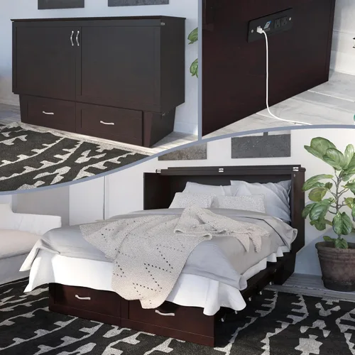 Vista 22 de AFI, Monroe - Cómoda de cama matrimonial Murphy con colchón de 6 pulgadas, cajón de almacenamiento y cargador USB integrado, color espresso