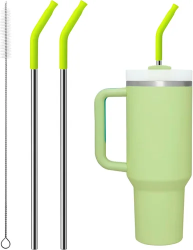 Vista 25 de Pajitas metálicas reutilizables con puntas de silicona para vaso Stanley de 30 oz, 2 piezas de pajitas de acero inoxidable de 30 oz de reemplazo