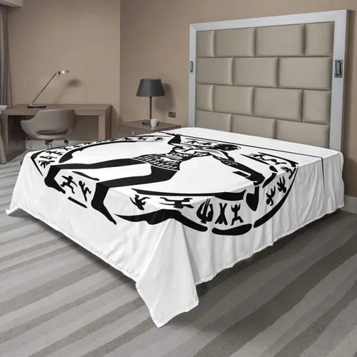 Ambesonne Hunting Flat Sheet, Person with Lance Hunting Folklore Circle, Soft and Comfortable Top Sheet Decorative Bedding 1 Piece, Full Size, Black