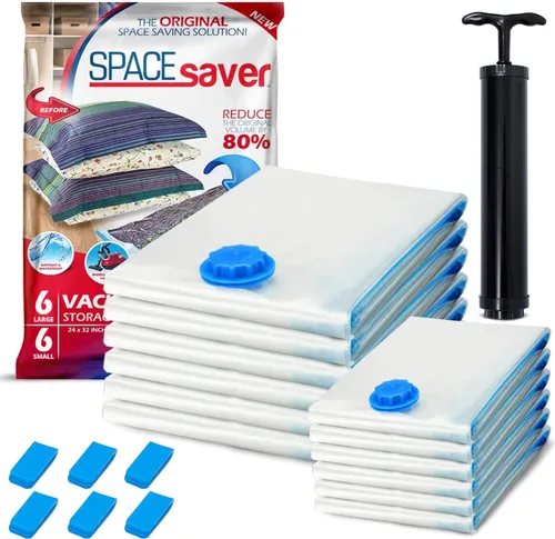 Vista 12 de Paquete de 4 bolsas de almacenamiento al vacío para edredones, mantas y ropa, bolsas de compresión selladas al vacío con bomba de mano, bolsas