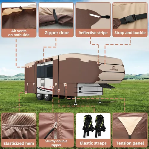 Vista 7 de VINPATIO Cubierta de quinta rueda: se adapta a caravanas de 28'-31', tela Oxford 300D, diseño de dos colores, cubierta resistente de 5ª rueda