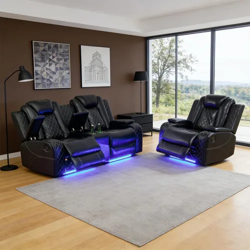 Vista 27 de Sofá reclinable individual eléctrico para muebles de sala de estar, silla reclinable de cuero con luces LED, puertos USB, almacenamiento oculto