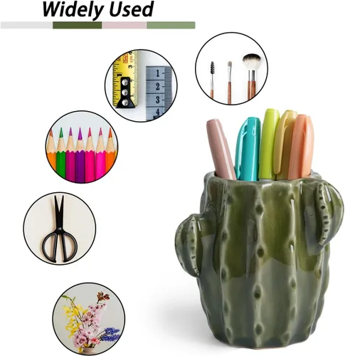 Vista 4 de Soporte de cerámica para bolígrafos de cactus, bonito soporte para lápices, soporte para brochas de maquillaje para el hogar, accesorios de Verde