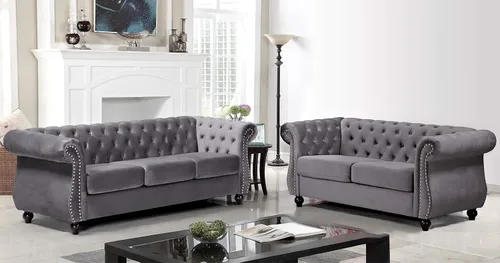 Vista 29 de Container Furniture Direct Feinstein - Sofá Chesterfield de terciopelo moderno para sala de estar con cabezas de clavos, acolchado de diamante