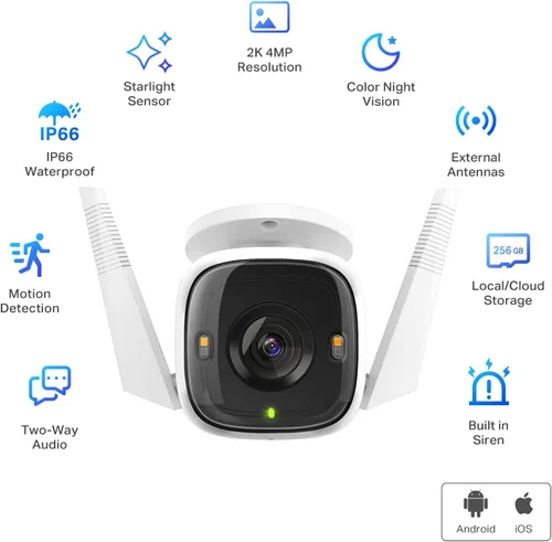 Vista 2 de Cámara de seguridad Tapo 2K QHD para exteriores con cable, sensor Starlight para visión nocturna en color, detección AI gratuita, sirena