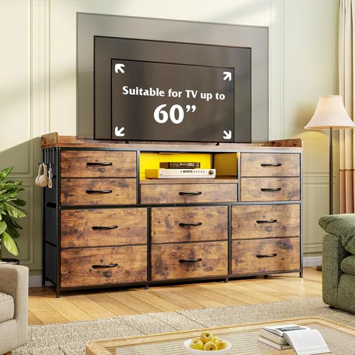 Vista 2 de EnHomee Mueble de TV con 11 cajones, soporte de TV de 60 pulgadas con luces LED y tomas de corriente, cómoda larga para dormitorio con estantes y 4