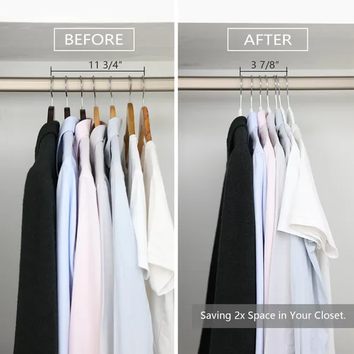 Vista 5 de MIZGI Perchas de terciopelo prémium (paquete de 60) resistentes, antideslizantes, ganchos cromados blancos, ahorro de espacio, color blanco/plateado