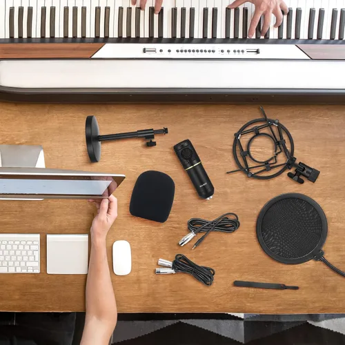 Vista 5 de Sherr Paquete de 2 micrófonos de condensador XLR, kit de micrófono cardioide de estudio profesional, incluye micrófonos cardioides, soporte