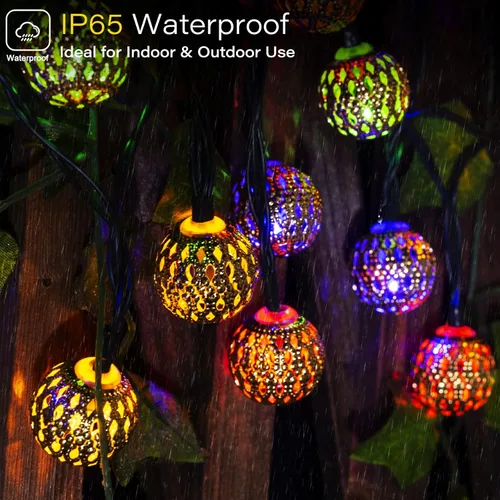 Vista 3 de Guirnalda de luces solares marroquíes para exteriores, 60 LED, 36 pies, guirnalda de luces con 8 modos de iluminación, luces solares impermeables