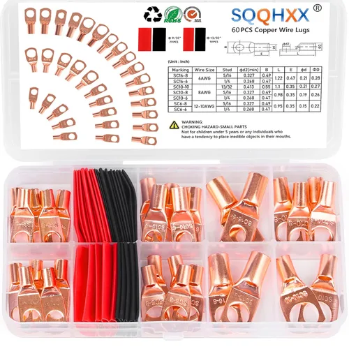 60 piezas de lengüetas de alambre de cobre, extremos de cable de batería AWG 4 6 8 10 12 calibre con juego de tubo termorretráctil, conectores de