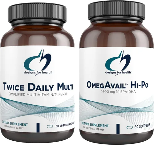 Designs for Health OmegAvail Hi-Po (60 cápsulas blandas) EPA DHA TG Omega-3 con dos veces al día Multi (60 cápsulas) Multivitamínico/mineral premium