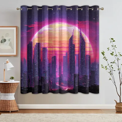 Vista 10 de Neon Vaporwave Curtains 39 Inch 2 Panel Set, 95% Blackout Curtains Futurism City Skyline Pattern, Neon Vaporwave Decor for Kitchen Bedroom, Thermal