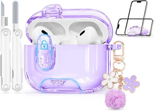 Vista 13 de con bloqueo de seguridad para estuche de AirPods 4 de Apple 2024, estuches transparentes con soporte para teléfono y kit de limpieza, funda de TPU