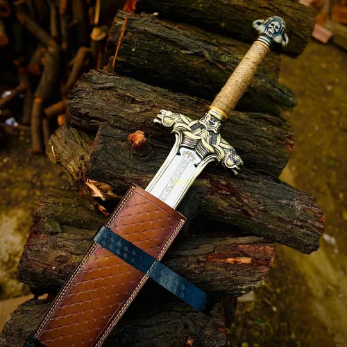 Vista 4 de Espada de Conan el Bárbaro, 42'' Espadas Atlantes Hechas a Mano de Acero al Carbono 1095 con Accesorios de Latón, Tang Completo, Funda de Cuero