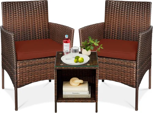 Vista 12 de Best Choice Products - Juego de 3 piezas de muebles de mimbre para conversación de patio, ahorrador de espacio, para jardín, con mesa auxiliar