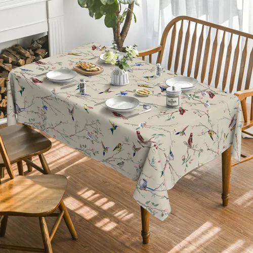 Vista 2 de Horaldaily Mantel de primavera 52×70 pulgadas rectangular, mantel con diseño de pájaros en ramas y flores beige, lavable, mantel de temporada