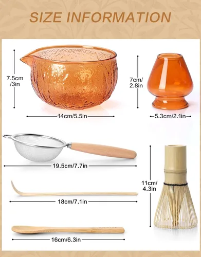 Vista 9 de Juego de batidor de matcha, 7 piezas, el kit de matcha incluye cuenco matcha, batidor y soporte de matcha, cuchara de bambú, cuchara, tamiz y toalla