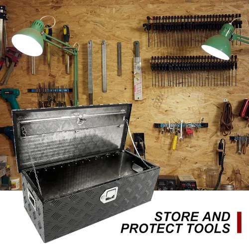 Vista 6 de confote Caja de herramientas chapada en rayas de aluminio resistente de 30 pulgadas, caja de herramientas para camioneta, caravana, remolque, Negro