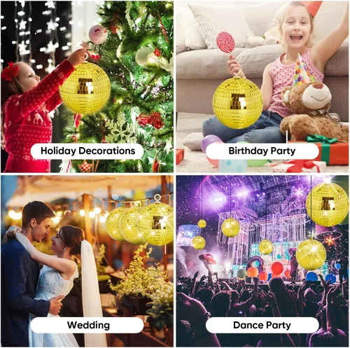 Vista 6 de Decoración de bola de discoteca de espejo, bolas de espejo de escenario de 6 pulgadas, adornos de bola de discoteca dorada, decoraciones Dorado