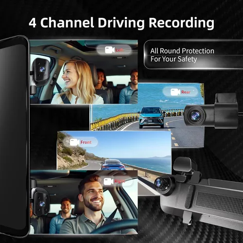 Vista 9 de Cámara de espejo retrovisor de 12 pulgadas, cámara de espejo de 4 canales frontal y trasera en el interior, cámara de respaldo para automóviles