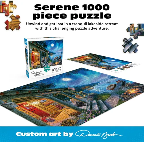 Vista 3 de Buffalo Games - Darrell Bush - Moonlight Lodge - Rompecabezas de 1000 piezas, azul