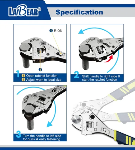 Vista 4 de LABEAR - Llave de trinquete ajustable de 8 pulgadas de largo x 1 pulgada (0.984 in)