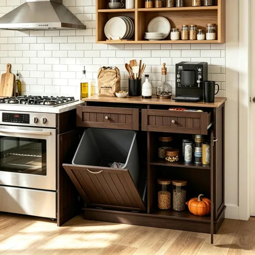LOKO Gabinete de basura abatible para cocina, gabinete de almacenamiento moderno con 2 cajones y estante ajustable, gabinete de basura a prueba de