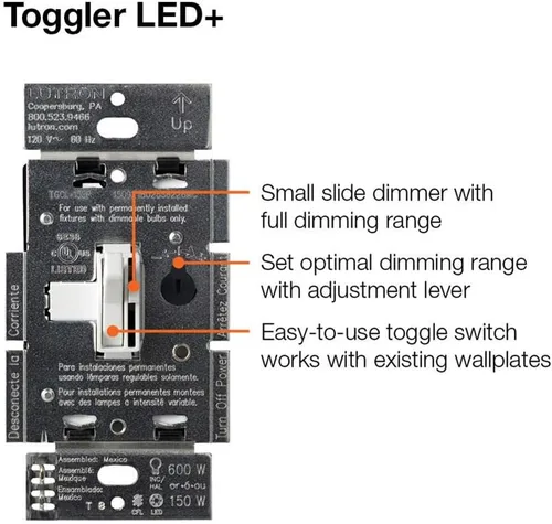 Vista 9 de Lutron Toggler Interruptor Regulador LED+ para Bombillas LED Regulables, Halógenas e Incandescentes, 150 Vatios, Unipolar o 3 Vías, TGCL-153PH-AL
