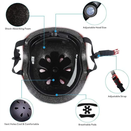 Vista 4 de Casco de bicicleta ajustable para niños con rodilleras, coderas, muñequeras, casco de monopatín para niños de 2-3-5-8-14 años, casco multideportivo