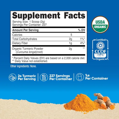 Vista 2 de Nutricost Polvo de raíz de cúrcuma orgánica de 1 libra (16 onzas), certificado orgánico USDA, grado alimenticio, sin gluten, sin OMG