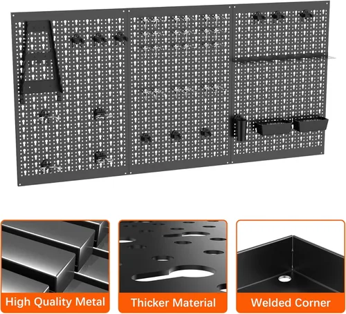 Vista 5 de TORACK 3 piezas de paneles de tablero de clavijas de metal para almacenamiento de herramientas de garaje, tablero de clavijas para banco de trabajo
