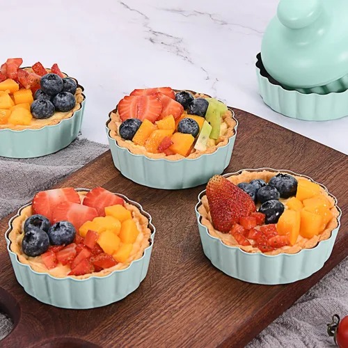 Vista 4 de Mini sartén redonda para tartas con parte inferior extraíble, mini moldes antiadherentes para hornear, juego de moldes para quiche de acero al Verde