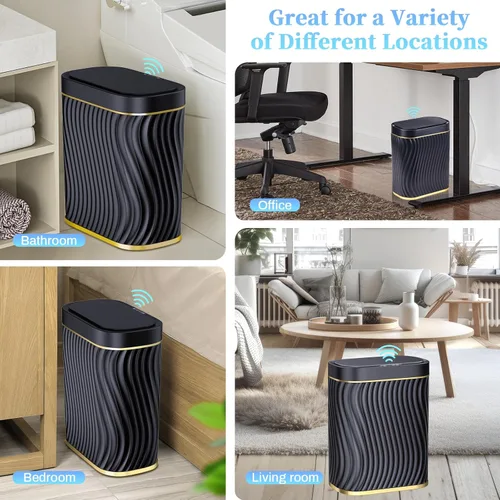 Vista 6 de steo spce Bote de basura pequeño con sensor de movimiento automático con tapa, 2.6 galones, color negro, delgado, sin contacto, contenedor de basura