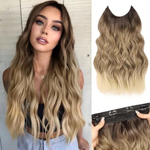 Vista 11 de MORICA Extensiones de cabello con alambre invisible, 20 pulgadas, rubio, largo, ondulado, sintético, con alambre transparente, tamaño ajustable, 4