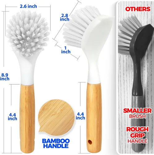 Vista 24 de Holikme Juego de 3 cepillos para platos con mango de bambú, cepillos de cocina para limpiar ollas, fregadero y estufa, limpiador de sartén