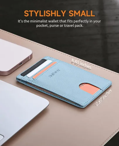 Vista 6 de Buffway Billetera delgada para hombre, minimalista con bolsillo frontal delgado, tarjetero de cuero con bloqueo RFID para viajes de trabajo