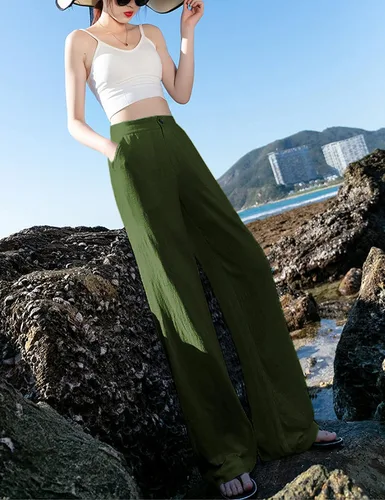 Vista 4 de Hooever - Pantalones casuales de cintura alta y pierna ancha, rectos con botones para mujer