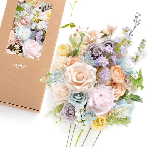 Vista 30 de Ling's moment Caja de flores falsas, tallos de vegetación artificiales artificiales, rosas de espuma, anturios, orquídea de seda, hoja de palmera