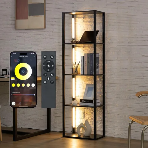 Vista 10 de Lámpara de pie FENLO con estantes – Lámpara alta de pie con niveles de vidrio templado – Lámpara de pie minimalista moderna para dormitorio, sala