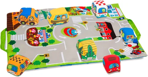 Estera de juego toma de la ciudad (19.25 x 14.25 pulgadas) con 9 vehículos blandos de Melissa & Doug