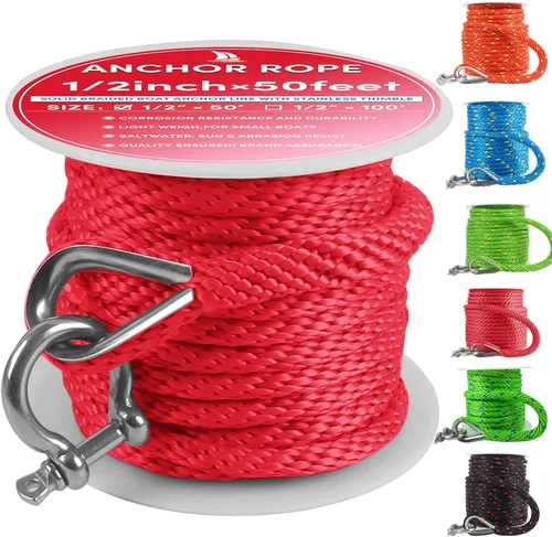 Vista 59 de Cuerda de anclaje prémium de 100 pies x 3/8 pulgadas, cuerda de anclaje MFP maciza con dedal y grillete, color naranja/amarillo