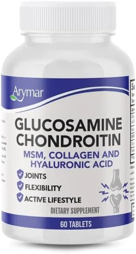 Arymar Suplemento de glucosamina, condroitina, MSM, colágeno y ácido hialurónico 60 tabletas