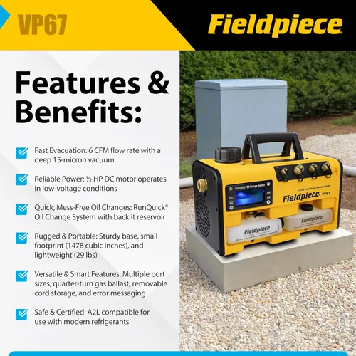 Vista 2 de Bomba de vacío Fieldpiece VP67 – 6 CFM, motor DC de 1/2 HP, sistema de cambio de aceite RunQuick – portátil - herramienta profesional HVAC