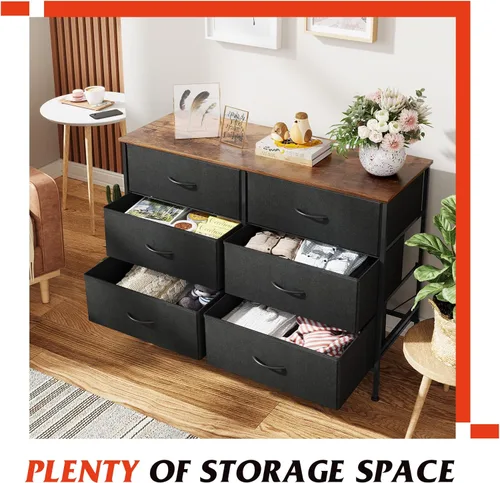 Vista 5 de WLIVE - Cómoda amplia con 6 cajones, soporte para TV de 50 pulgadas, centro de entretenimiento con marco de metal, parte superior de madera, cómoda