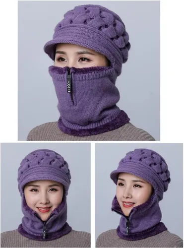 Vista 5 de Gorro con forro de vellón para mujer, conjunto para el invierno de gorro, bufanda y máscara facial, orejeras para mujeres de mediana edad y mayores