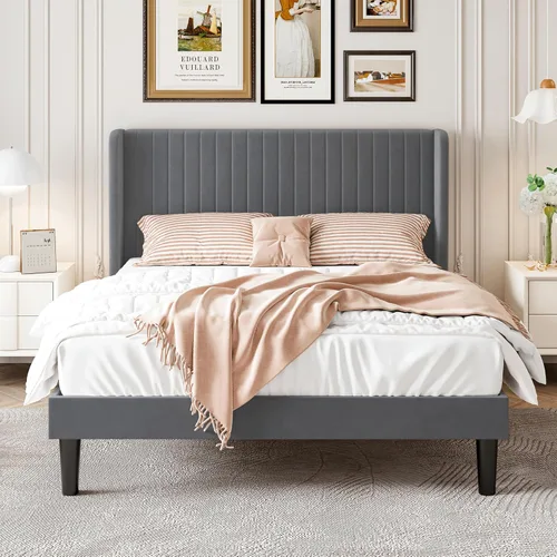 Vista 20 de SHA CERLIN Base de cama de terciopelo tamaño King con cabecera capitoné de canal vertical, plataforma tapizada con listones de madera, no necesita