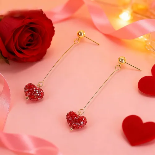 Vista 4 de Aretes de corazón rojo, regalos para el día de San Valentín para ella, aretes de corazón de amor con diamantes de imitación, aretes colgantes de San