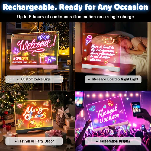 Vista 3 de Tablero de Notas LED Doodle Glow Recargable de 16 Pulgadas, 7 Modos de Luz de Color, Almohadilla de Dibujo de Arte Neón de Borrado en Seco Iluminada